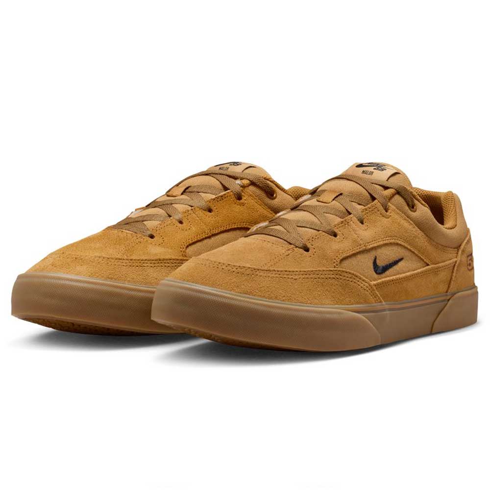 The HF3066701 Wheat Gum Light Brown Black White Malor TE Nike SB Shoes feature tan suede uppers, gum soles, tan laces, a black swoosh, and a low-top design for durable men's skateboarding performance.