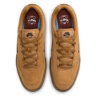 A pair of HF3066701 Wheat Gum Light Brown Black White Malor TE Nike SB shoes viewed from above, featuring brown insoles with white graphics, tan laces, and black Nike logos on the tongues, offering a durable, skate-inspired design.