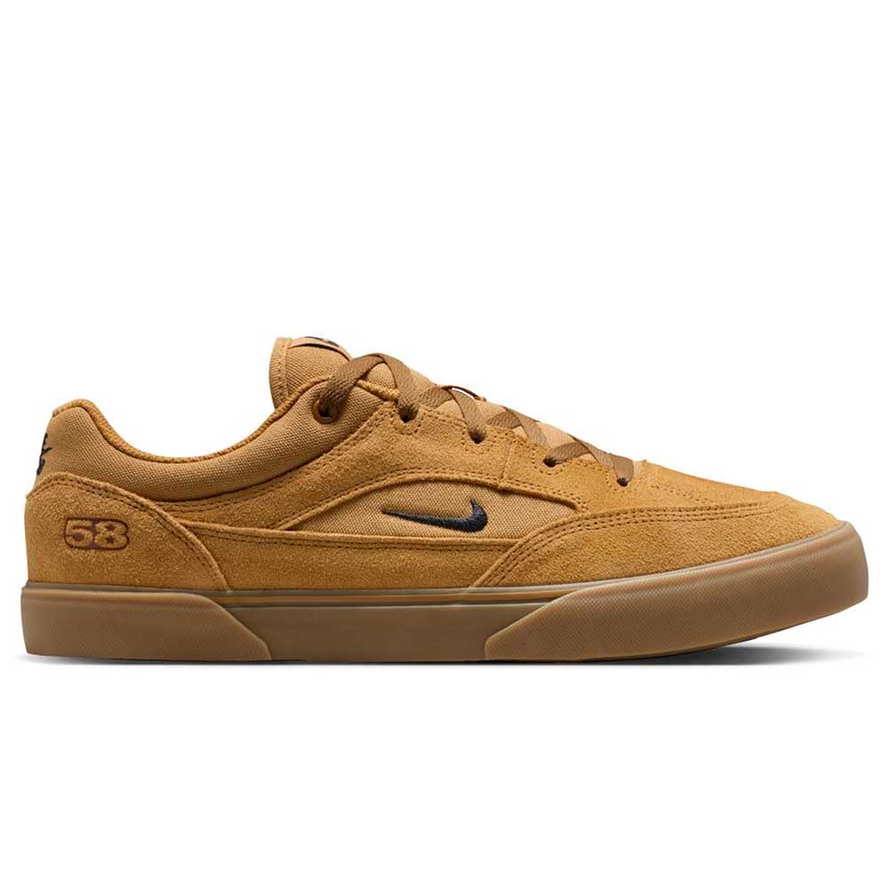 The HF3066701 Wheat Gum Light Brown Black White Malor TE Nike SB Shoes feature durable brown suede, a gum sole, small black Swoosh, "58" by the heel, brown laces, and a low-top design—ideal for any men’s skate shoe collection.