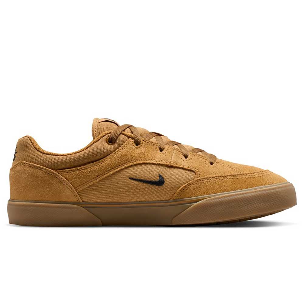 The HF3066701 Wheat Gum Light Brown Black White Malor TE Nike SB shoes feature a tan suede low-top, black swoosh, brown rubber sole, and matching laces—ideal men’s skate sneakers for style and performance, shown on a white background.