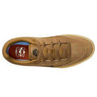 Top view of the Nike SB Malor TE (HF3066701) in Wheat Gum Light Brown Black White, a durable men's skate shoe with a brown suede upper, tan laces, gum sole, and an insole featuring red and blue graphics with white accents.