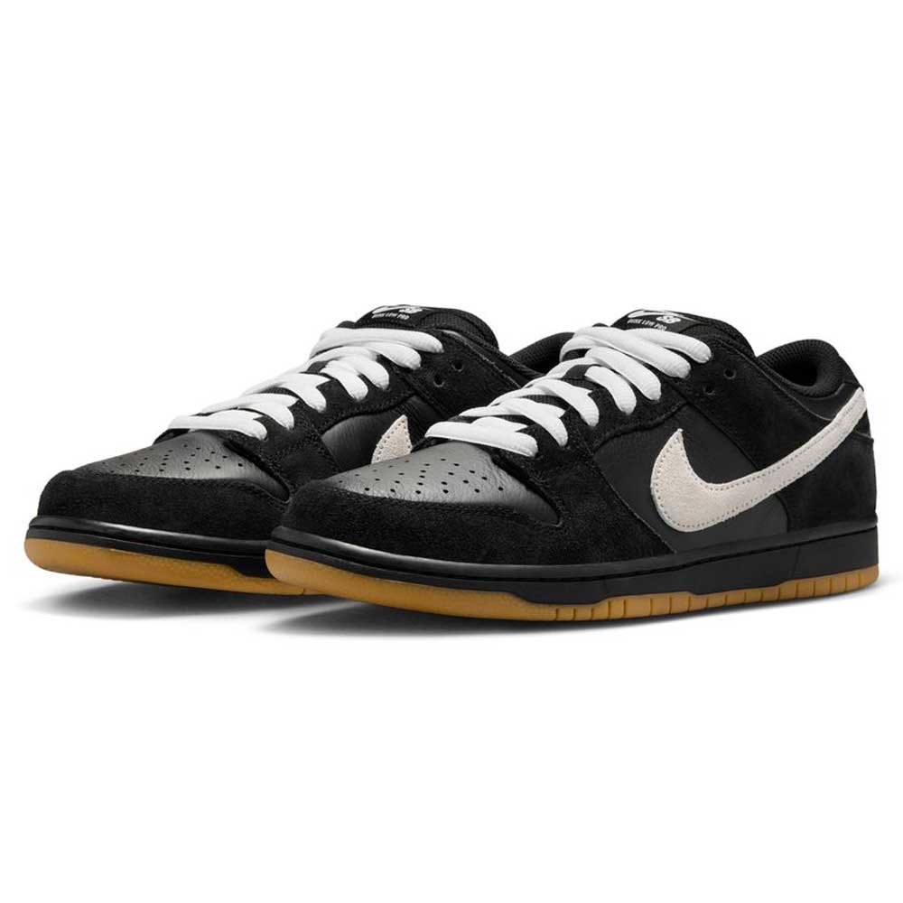 The HF3704003 Black White Nike SB Dunk Low Pro Suede Leather Shoes feature black and gray suede, white laces, a white Nike swoosh, perforated gray toe boxes, and brown rubber soles.