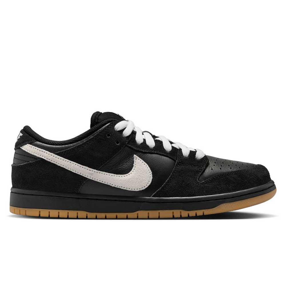 The HF3704003 Black White Nike SB Dunk Low Pro Suede Leather Shoes feature a black upper, white suede leather Nike swoosh, white laces, and a gum rubber sole—perfect for skateboarding fans.
