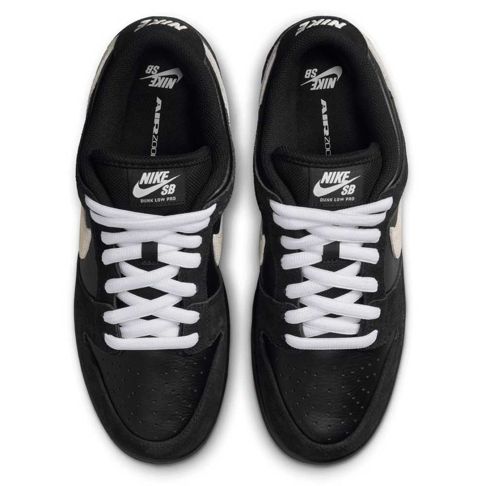 The HF3704003 Black White Nike SB Dunk Low Pro Suede Leather Shoes feature white laces and side swooshes, crafted from suede leather, and are displayed from above on a plain background.
