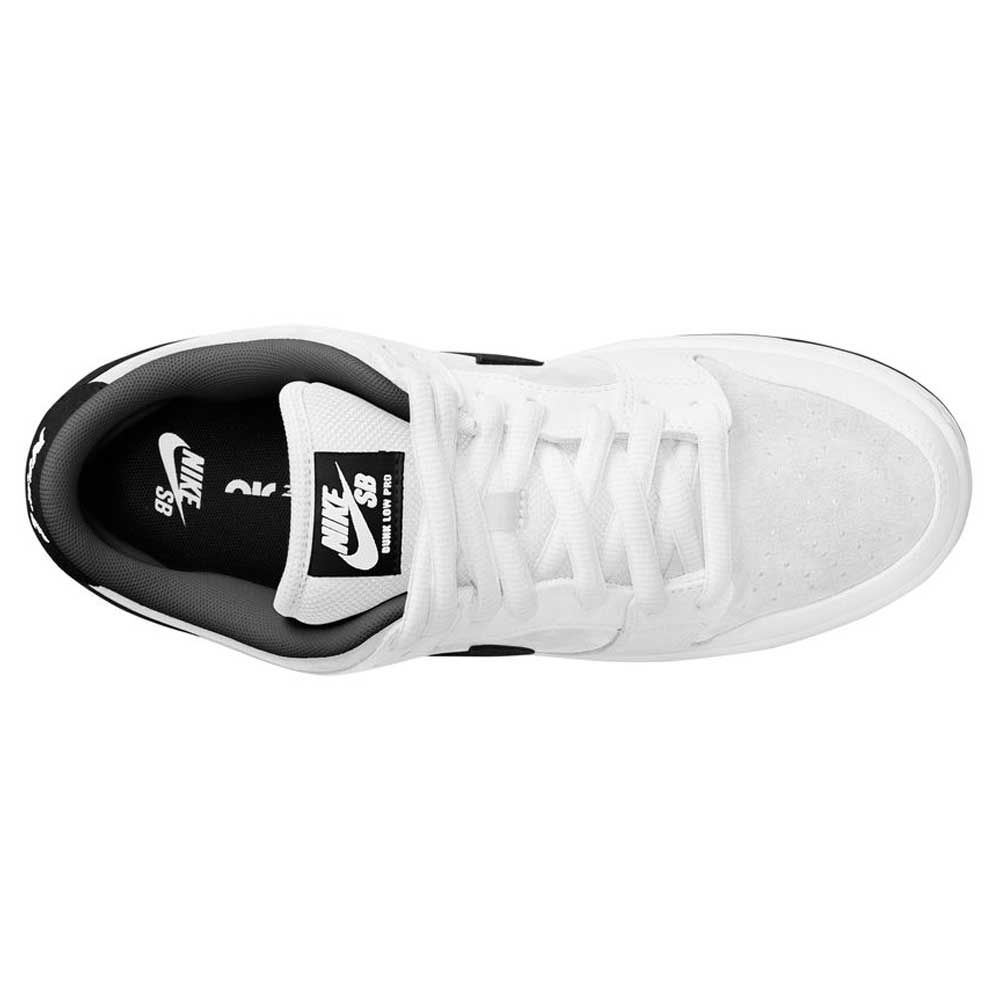 Top view of the HF3704100 White Black Nike SB Dunk Low Pro Suede Leather Shoe, featuring black interior accents, white laces, suede leather upper, and Nike branding on the tongue and insole.