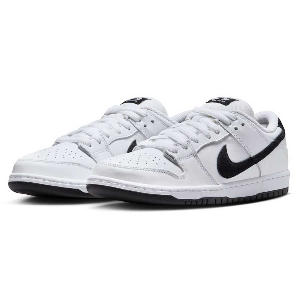 The HF3704100 White Black Nike SB Dunk Low Pro Suede Leather Shoe features a white suede upper, black swoosh logos, black outsoles, and white laces, showcased on a white background.