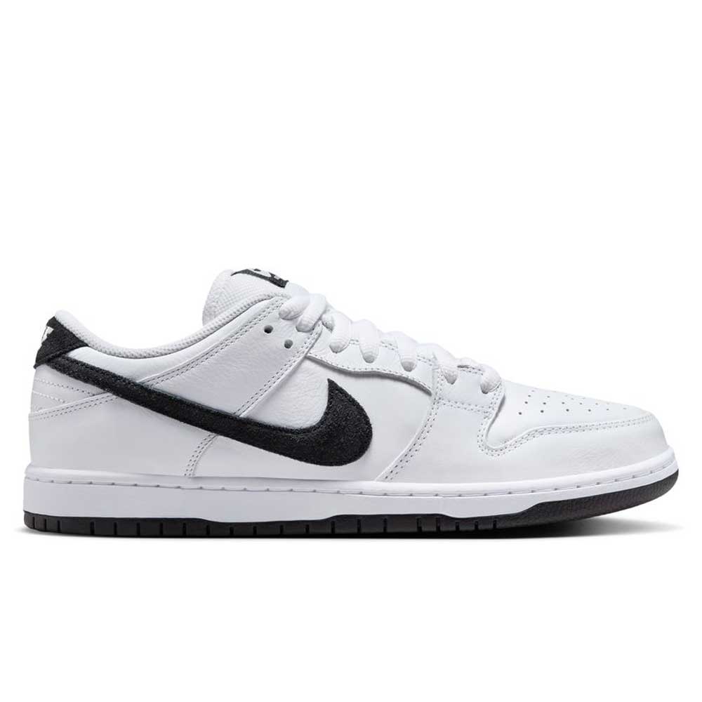 The HF3704100 White Black Nike SB Dunk Low Pro Suede Leather Shoe features a white upper, black swoosh, suede leather accents, black outsole, and white laces, shown on a plain white background.