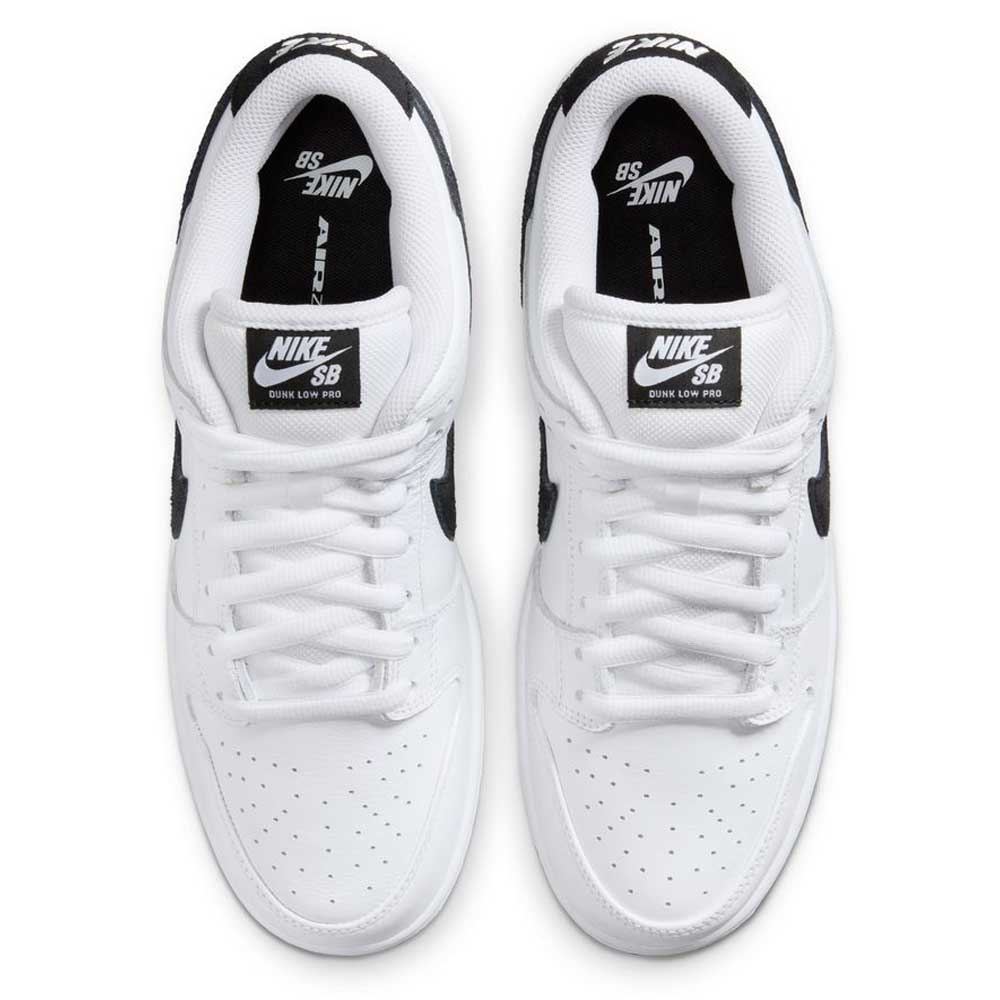 Top view of the HF3704100 White Black Nike SB Dunk Low Pro Suede Leather Shoe featuring white uppers, black accents, white laces, perforated toe boxes, black Nike SB logos on the tongues, and premium suede leather overlays.