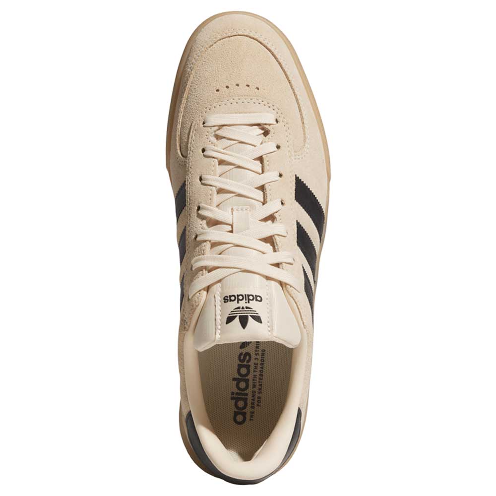 Top view of the HP3510 Tan Black Glenburn Adidas Skateboarding Suede Shoes, featuring black stripes, beige laces, and logo on the tongue—classic low-profile footwear ideal for skateboarding enthusiasts.