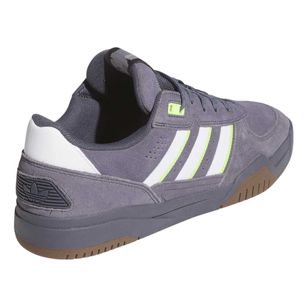 The HQ4813 Gray White Green Tekkira Adidas Skateboarding Suede Shoes feature light green accents, a rubber sole, and iconic three white stripes. Shown from back and side angles.
