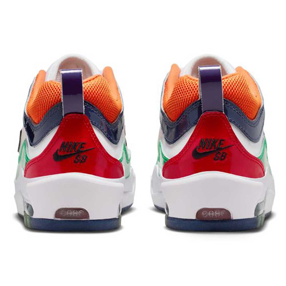 A pair of HV1670600 University Red Black Amarillo Navy Air MAX Ishod Nike SB suede leather skateboarding shoes shown from the back, with multicolored accents, red heels featuring the Nike SB logo, white midsoles, and visible Max Air cushioning.