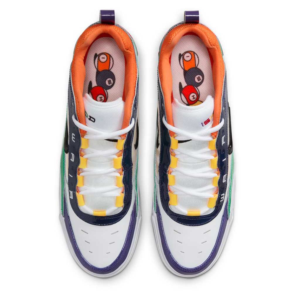 Top view of HV1670600 University Red Black Amarillo Navy Air MAX Ishod Nike SB suede leather skate shoes with colorful accents; insoles show cartoon red and black billiard balls with white eyes and surprised expressions.