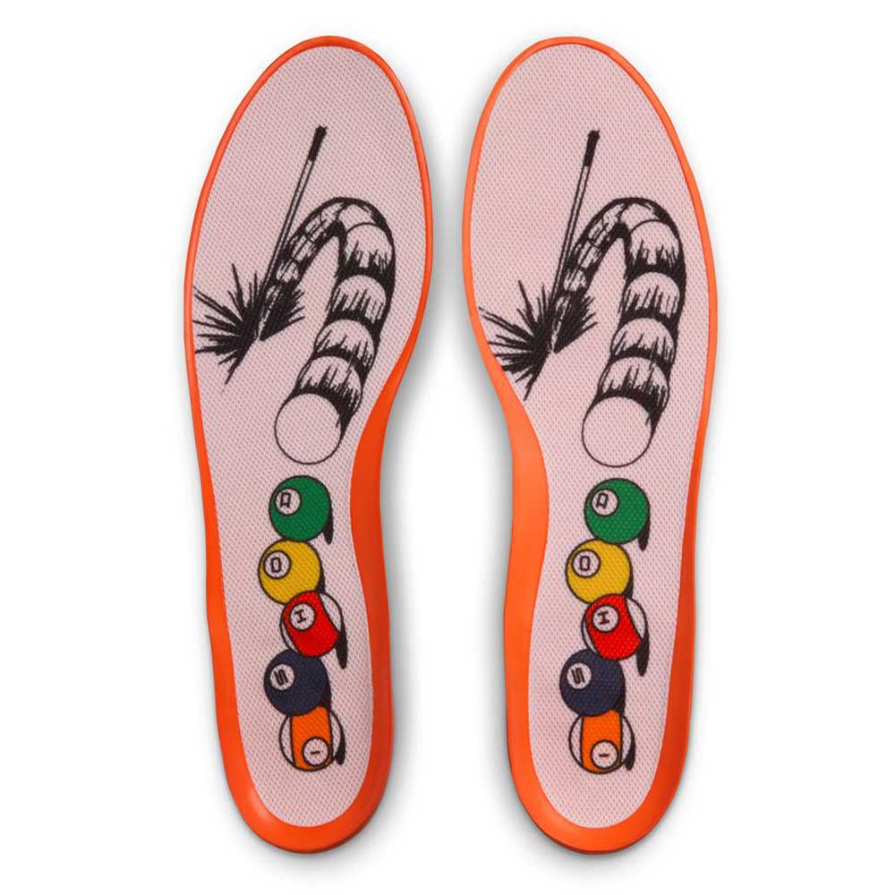 The HV1670600 University Red Black Amarillo Navy Air MAX Ishod Nike SB Skateboarding Shoes feature orange accents and insoles illustrated with candy canes, pool cues, and colorful billiard balls on a crisp white background.