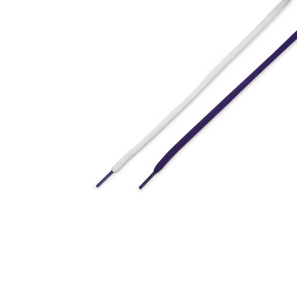 Two shoelaces—one white, one dark purple—each with plastic tips, ideal for customizing your HV1670600 University Red Black Amarillo Navy Air MAX Ishod Nike SB Suede Leather Skateboarding Shoes.