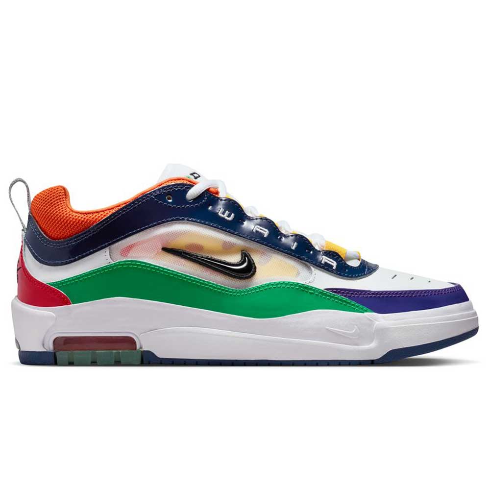 The HV1670600 Air MAX Ishod Nike SB skate shoes feature suede and leather panels in University Red, Black, Amarillo, and Navy with a black Nike Swoosh and visible Max Air cushioning for comfort.