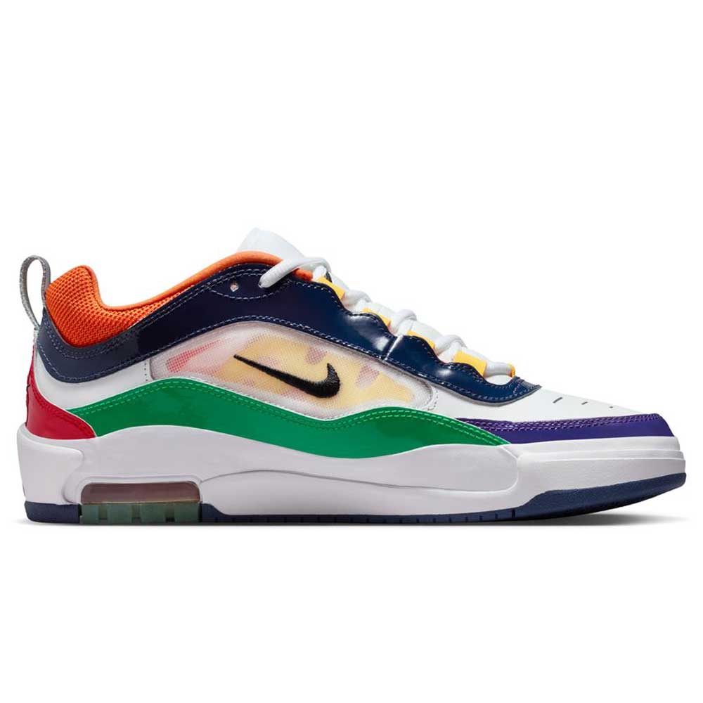The HV1670600 Nike SB Air Max Ishod skate shoes feature a University Red, Black, Amarillo, and Navy colorway in suede and leather with visible Max Air cushioning, translucent side panel, and a black Nike Swoosh logo.