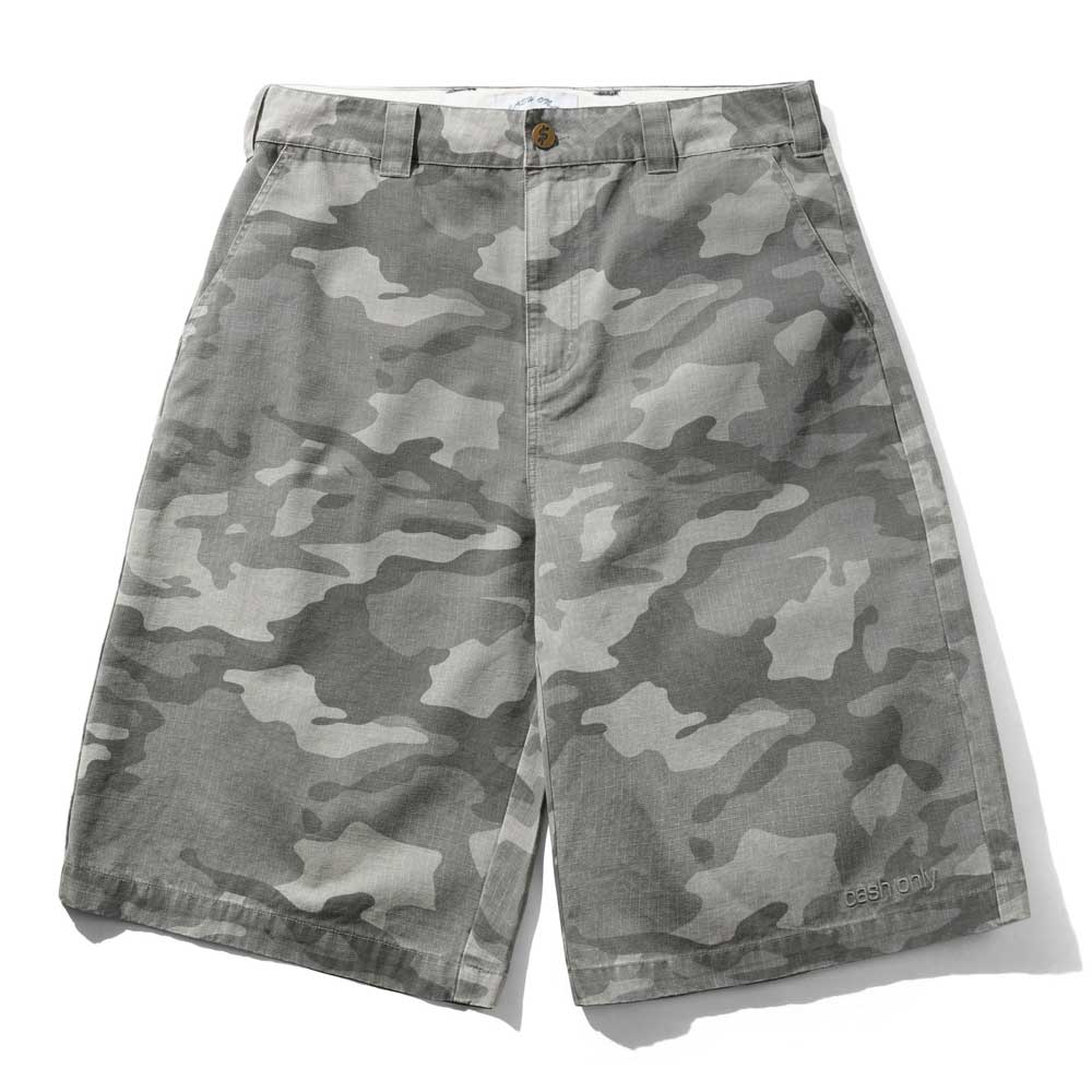 The Halfway Shorts Grey Camouflage Ripstop Cash Only COD152601 feature knee-length, baggy cotton twill with a light and dark gray camo pattern, button closure, and side flap pockets. Displayed on a white background.