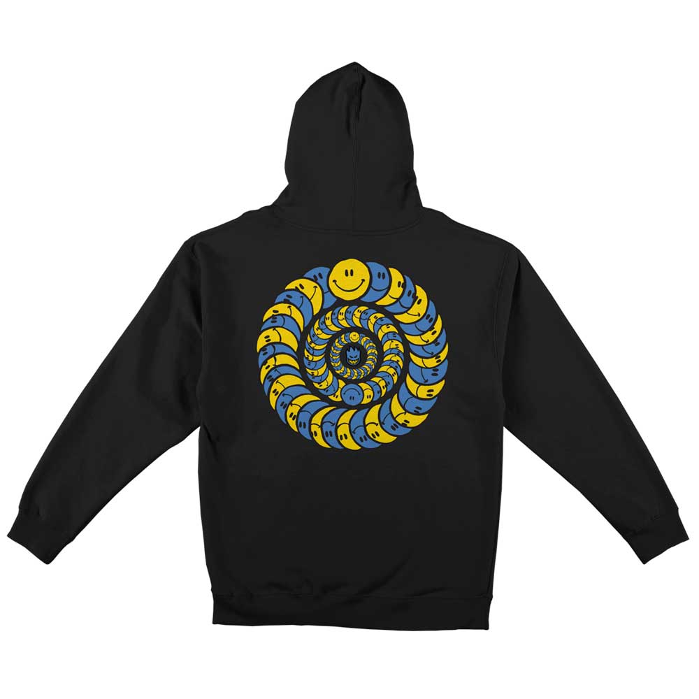 The Happy Classic Black Pullover Hoodie Spitfire features a hypnotic spiral of yellow smiley faces on the back, part of the Kevin Long collab, and made as a heavyweight hoodie for maximum comfort.