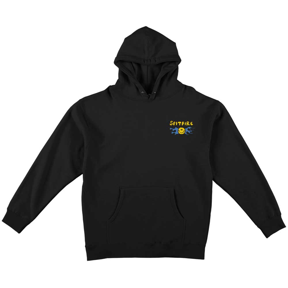 The Happy Classic Black Pullover Hoodie by Spitfire is a heavyweight hoodie with a front pocket, hood, and plain sleeves. The left chest features "SPITFIRE" in yellow above a blue and yellow cartoon face from the Kevin Long collab.