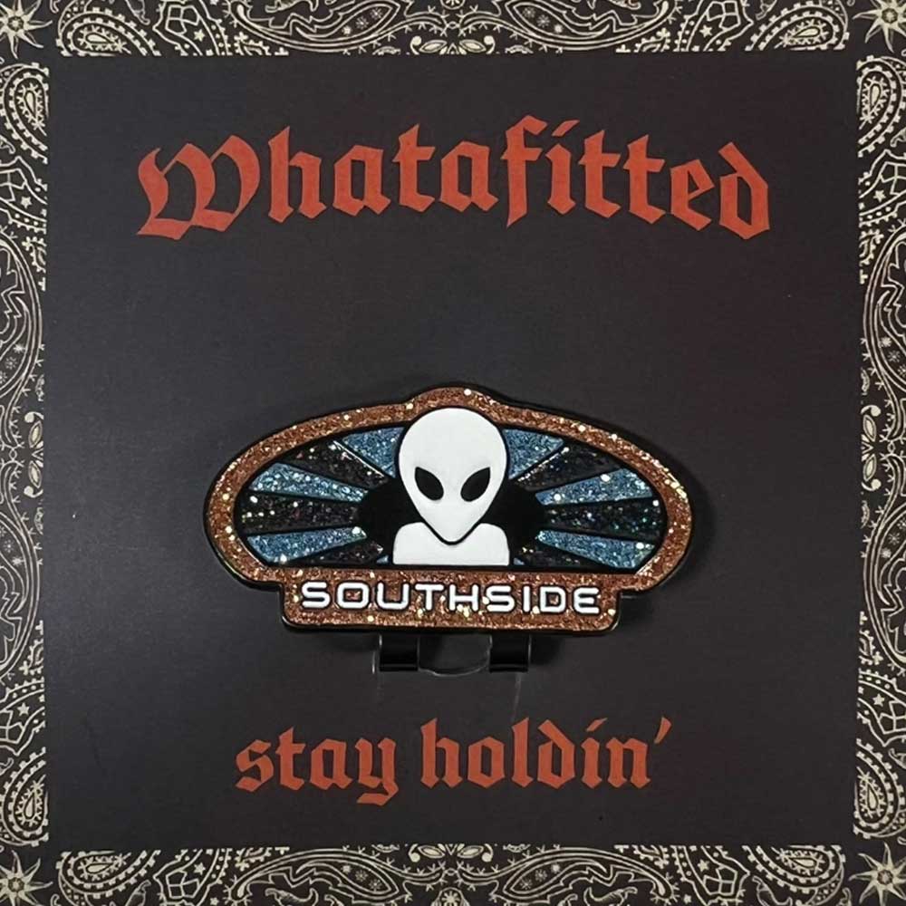 A pin with an alien head and SOUTHSIDE text is shown on a black pattern. Red gothic "Whatafitted" above nods to the Harvest Black Space City Houston Astros New Era Hat 5950 Fitted by Whatafitted 5950 Day, with “stay holdin” below.