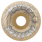 The Hayley Webbed 56mm99A Conical Full Spitfire Wheels are tan with black spiderwebs, gothic Hayley and Spitfire text, a grinning flame-head logo, and "Formula Four" in small lettering.