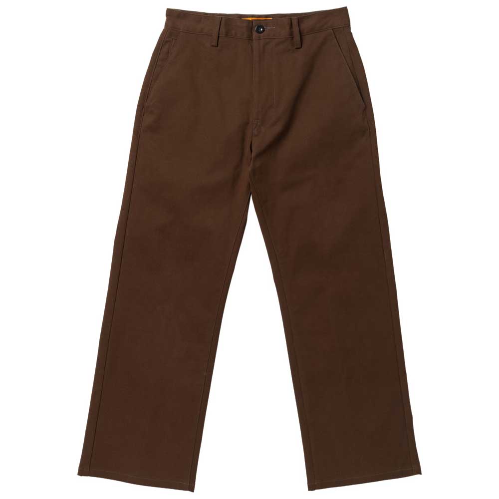 The Hecho Por Skate Pant by Anti Hero Skateboards in brown features straight legs, side pockets, and a button closure—ideal for exclusive drops or Skateshop Day celebrations. Displayed flat on a white background.