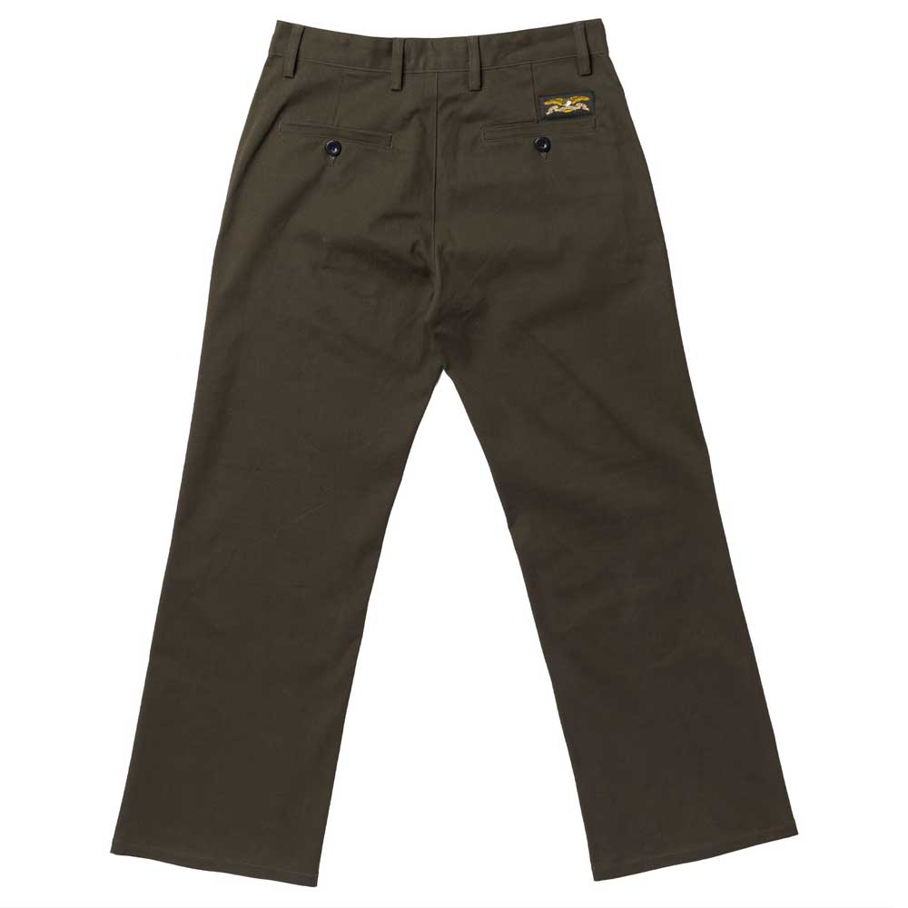 Hecho Por Skate Pant Anti Hero Skateboards in Dark Olive—olive green straight-leg pants with two buttoned back pockets and a patch label above the right pocket, ideal for skateboarding or limited events like Skateshop Day.