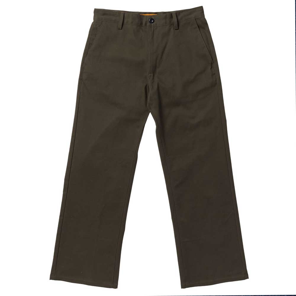 The Hecho Por Skate Pant Anti Hero Skateboards in dark olive features straight legs, side pockets, and a button closure—an ideal choice for skateboarding fans or Skateshop Day exclusives.