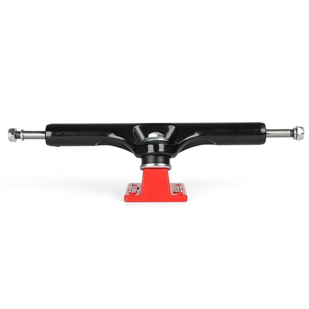 A pair of Heroin Curb Killer 2 Black Red ST1 Inverted Hollow 10.5 Slappy Trucks featuring a black hanger and a red baseplate.