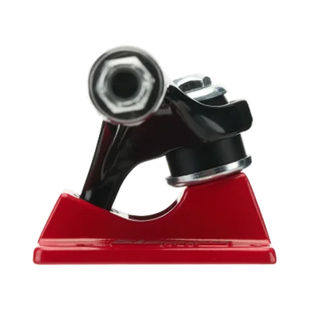 Side view of a Heroin Curb Killer 2 Black Red ST1 Inverted Hollow 10.5 Slappy Trucks set, showing a red baseplate and a black hanger.