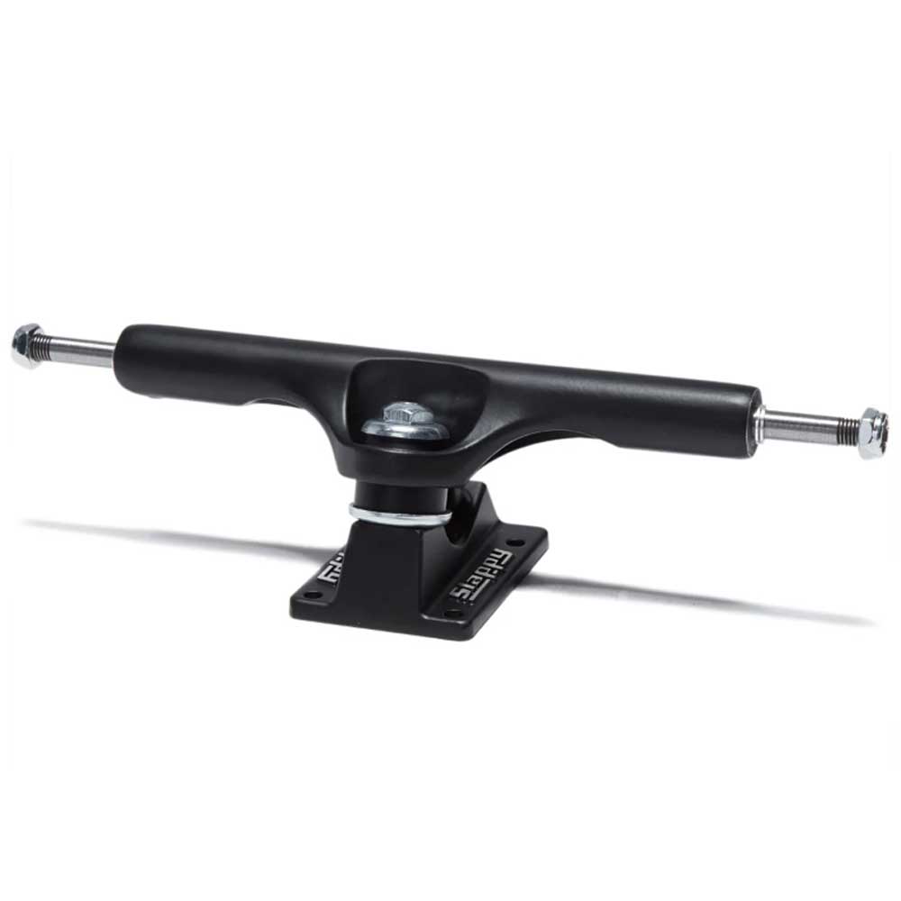 The BAM ST1 Classic Hollow 8.25 Slappy Trucks set (black with silver axle, black baseplate) is ideal for 8.1 to 8.3 inch boards and shown against a white background. Set includes two trucks.