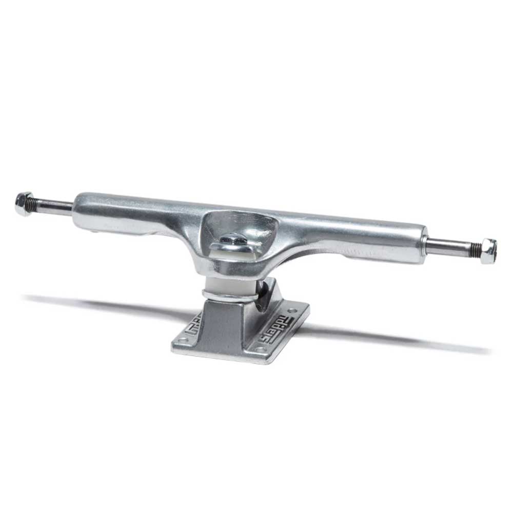 The BAM ST1 Classic Hollow 8.25 Slappy Trucks, sold as a set of two, feature polished silver metal with a flat baseplate and axle, designed for 8.1 to 8.3 inch boards and shown at an angle on a white background with a refined shine.