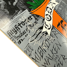 A close-up of a signed Hightower Coda Skateboards Deck 8.5x31.8 with black graffiti-style text, sketches, a bold orange shape, and a white banner. The words DAVE and FIGHT stand out among the unique handwritten designs.
