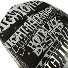 Close-up of the Hightower Coda Skateboards Deck 8.5x31.8 Signed Collectible, featuring bold white graffiti-style text ("NIGHT," "BLACK," "HOTEL") in various sizes for a striking urban look.
