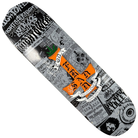 The Hightower Coda Skateboards Deck 8.5x31.8 Signed Collectible features a black and gray punk poster collage, an orange Iron Cross with “TOY MACHINE” and “HIGH VOLTAGE” text, and a green monster—ideal for skateboard deck collectors.