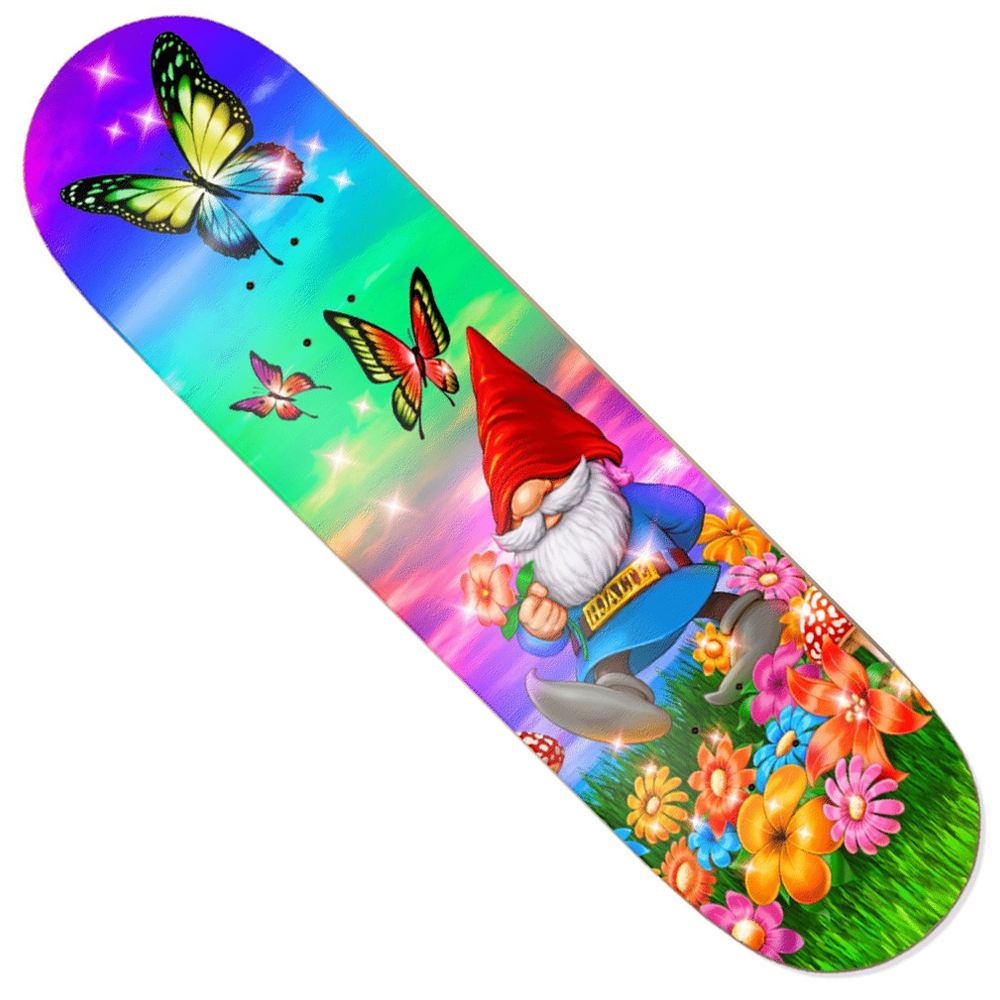 The Hjalte Princess 8.5x32 Hardbody Skateboard Deck Multicolor features a cheerful garden gnome among bright flowers and three vibrant butterflies—perfect for anyone seeking a skateboard deck full of personality.