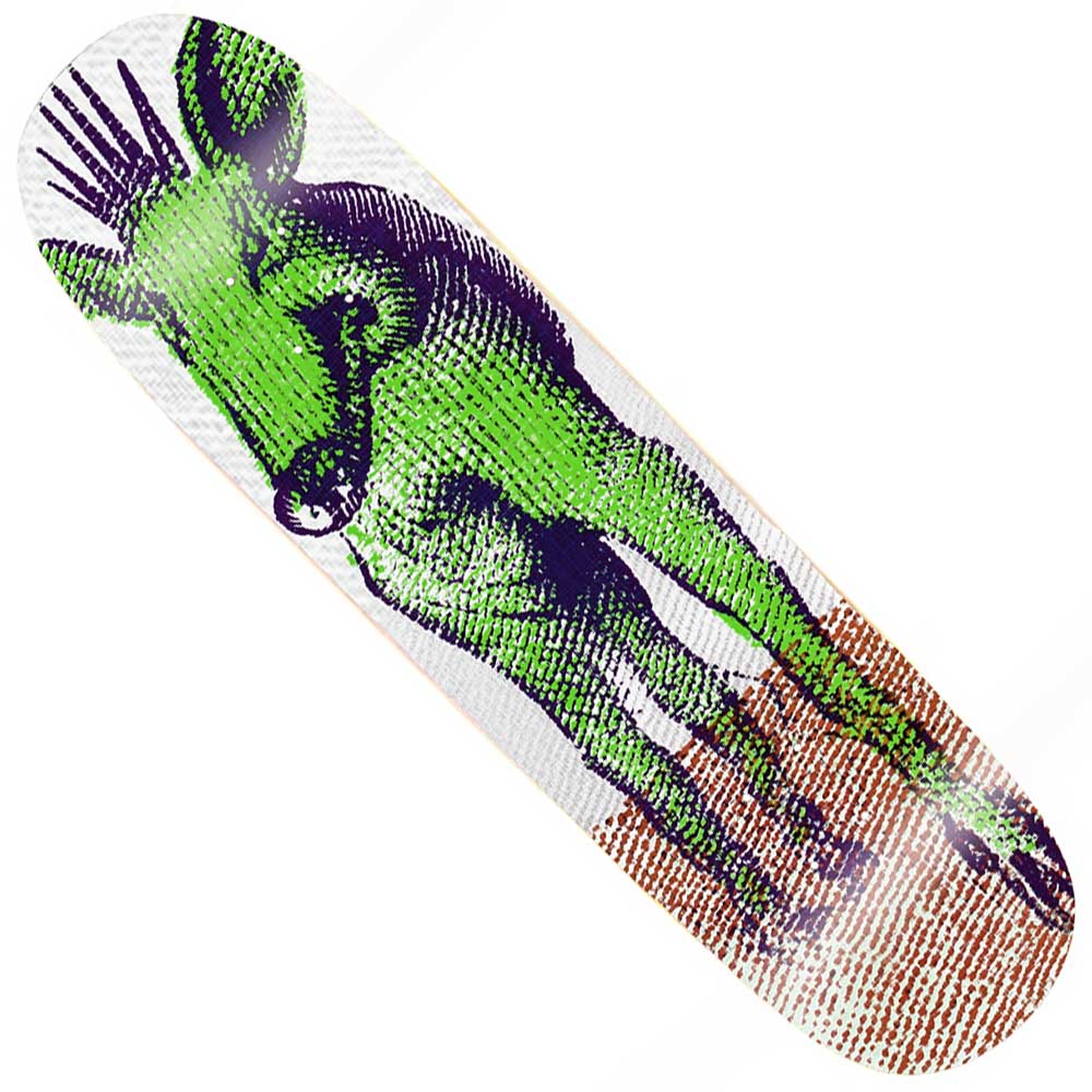 Introducing the Hogsbreath 8.6x31.9 GX1000 Deck Skateboard—crafted in Mexico from quality wood and showcasing a striking illustration of a green, stylized animal (possibly a deer or antelope) with vibrant purple shading and orange accents set against a crisp white background. This unique skateboard deck seamlessly blends artistic flair with expert craftsmanship.