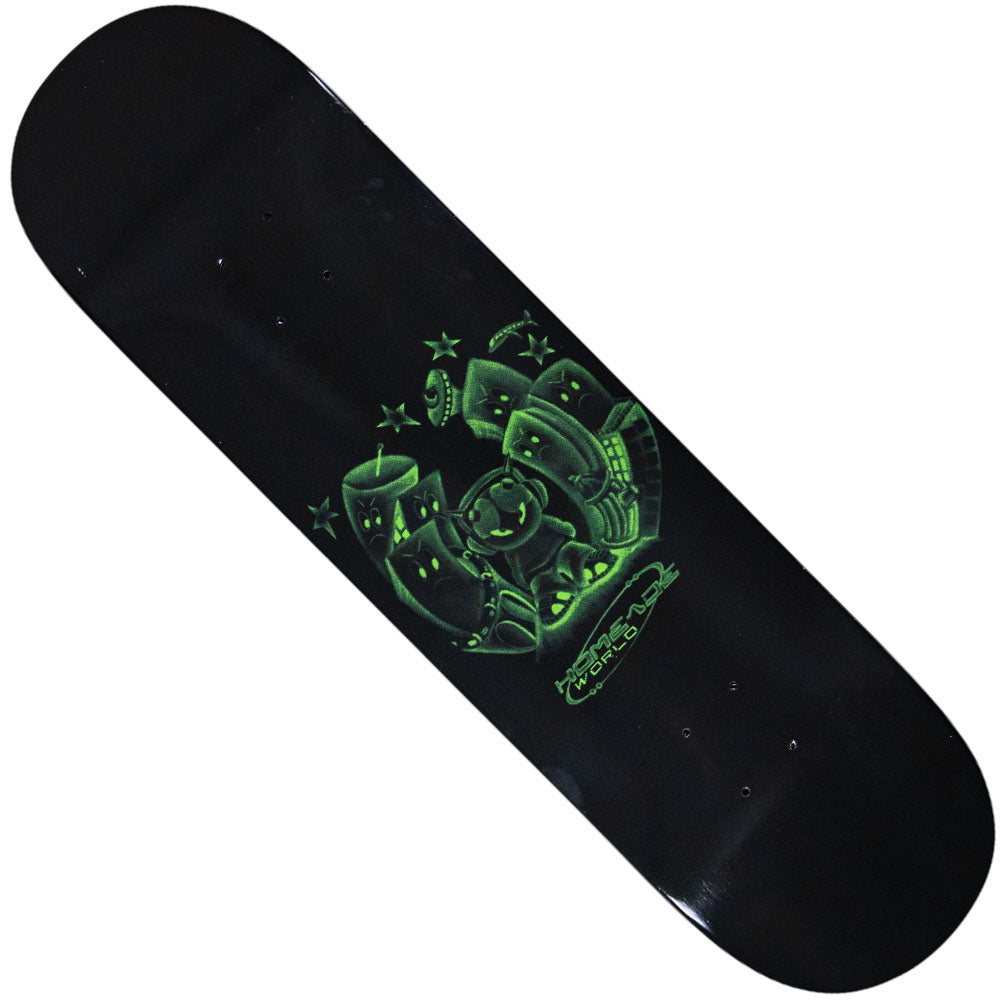 The Black Dipped Full Shape Homemade Skateboards Deck features a green neon-style graphic with a smiling cartoon fist surrounded by stars and abstract shapes at the center. Constructed from sturdy 7-ply maple, this deck offers both striking visuals and lasting strength for every ride.