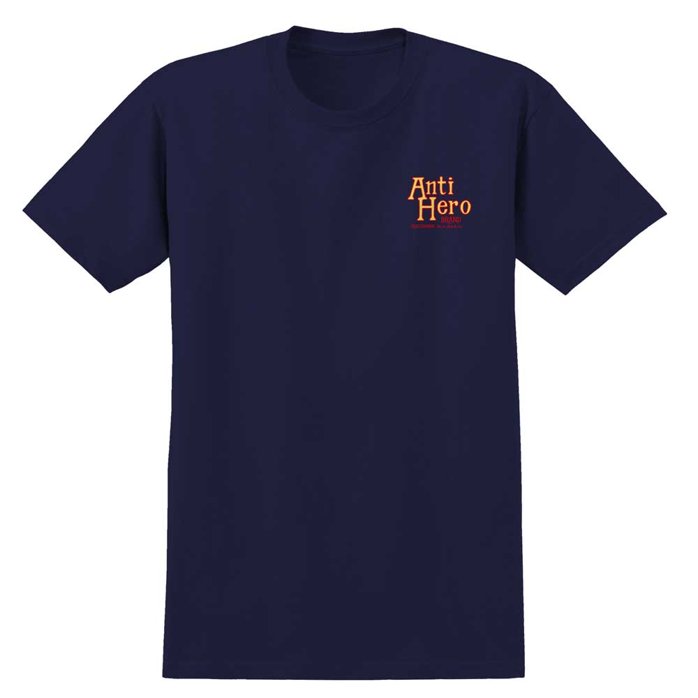 The Homers Short Sleeve Navy Blue Tee Anti Hero Skateboards features bold orange and yellow Anti Hero Skateboards print on the left chest.