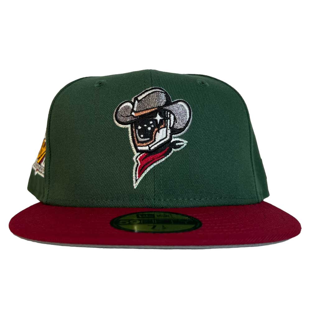 The El Sarape Sugar Land Space Cowboys New Era Hat 5950 Day features a green crown, maroon brim, and an embroidered cartoon cowboy with hat and bandana—ideal for fans of the Space Cowboys.