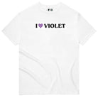 The I Love Violet White Tee by Violet Skateboards is made from 100% cotton and features "I ♥ VIOLET" in black text with a purple heart screenprinted on the front.