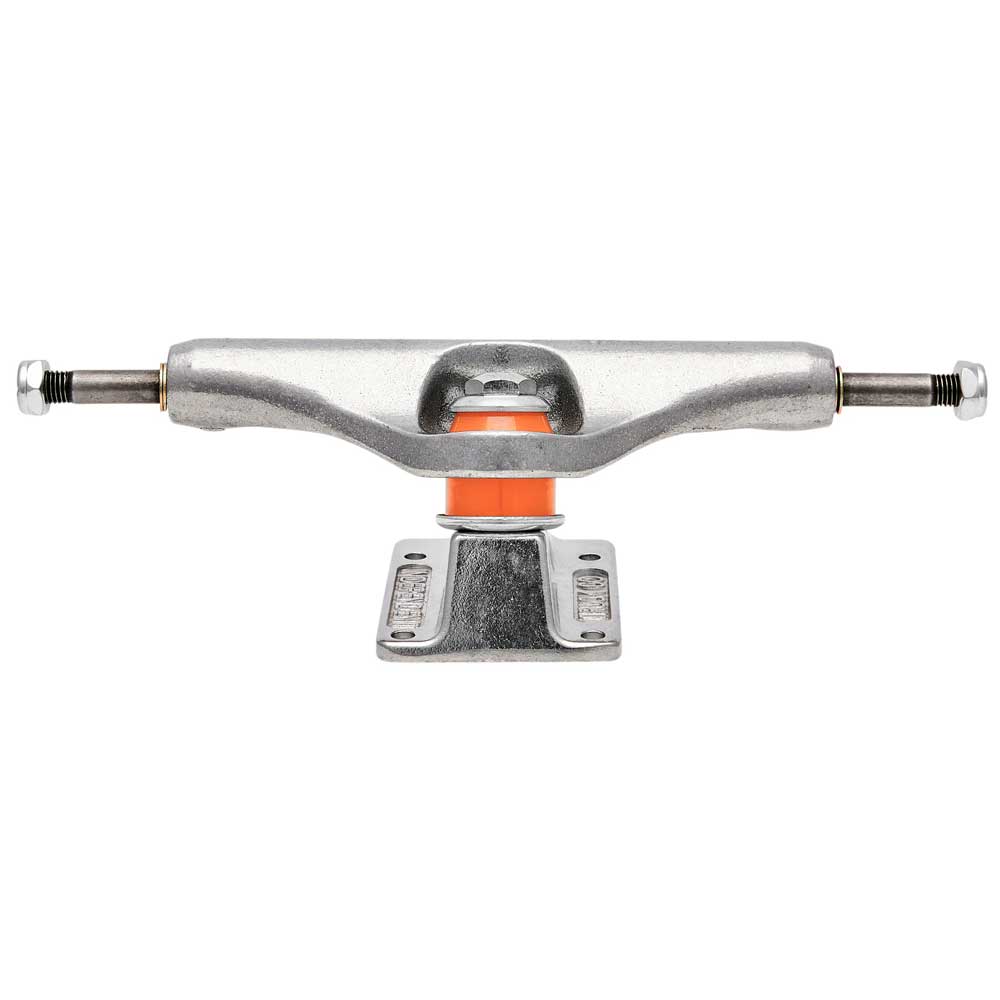 A set of two INDY 139 Forged Hollow MID skateboard trucks, silver with orange bushings, shown front-facing to display the metal baseplates and axle ends with attached nuts.