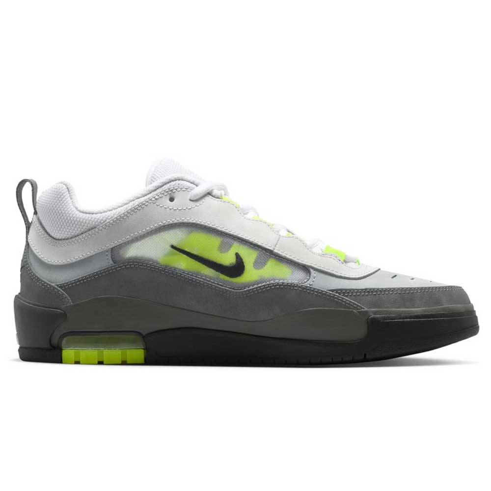 The IR1887002 Black Neon Yellow Anthracite Air MAX Ishod Nike SB features a low-top design with a white mesh collar, grey suede overlays, translucent side panel with neon green accents, black swoosh, and Max Air cushioning in the black sole.
