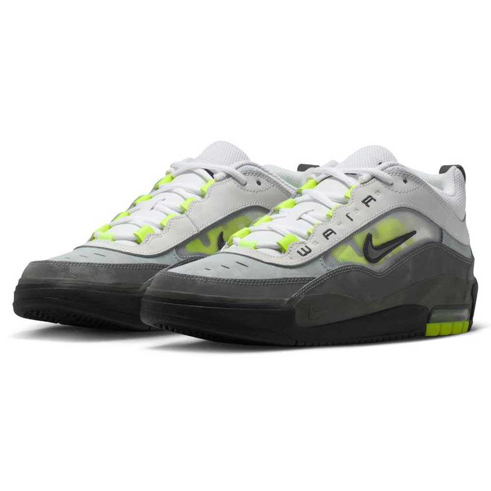A pair of Nike SB Air MAX Ishod IR1887002 skateboarding shoes featuring a black, neon yellow, and anthracite design with Max Air cushioning and sporty details.