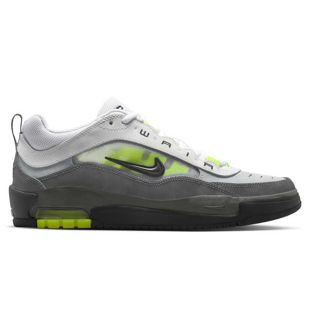 The IR1887002 Black Neon Yellow Anthracite Air MAX Ishod Nike SB Skateboarding Shoe is shown in side profile, featuring a black and neon yellow design with visible Max Air cushioning, on a white background.