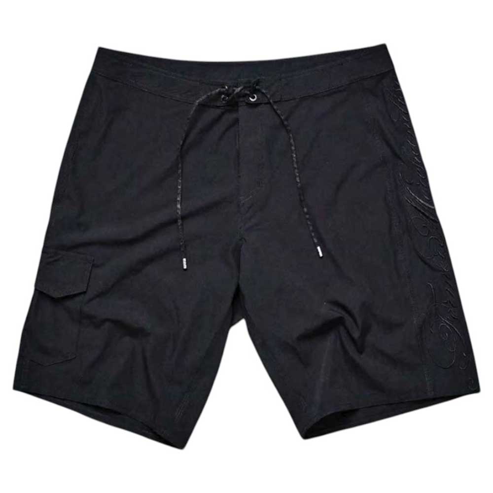 Crux 20 inch Trunk Black Lime Former board shorts featuring a drawstring waist and side pocket, laid flat on a white background.