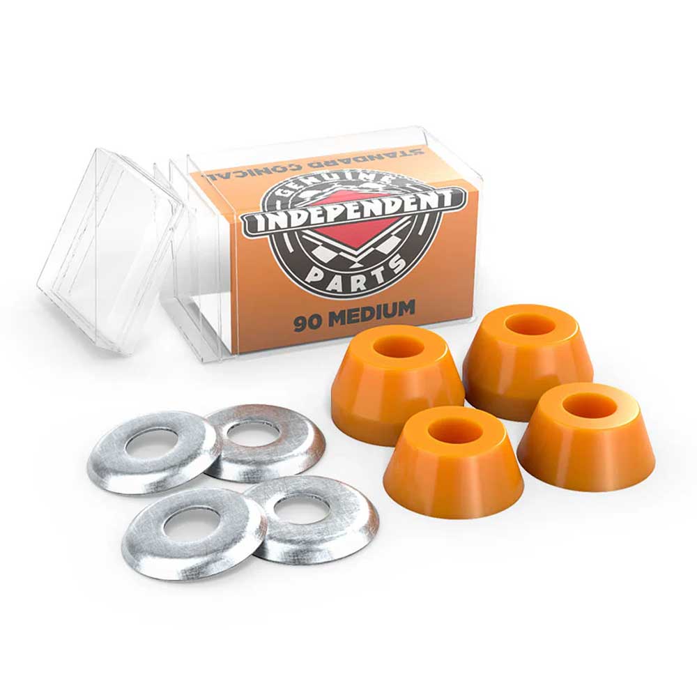 An open box labeled Indy Standard Conical Medium 90A Orange displays four high rebound urethane orange skateboard bushings and four silver washers—perfect for updating your skateboard trucks’ suspension cushions.