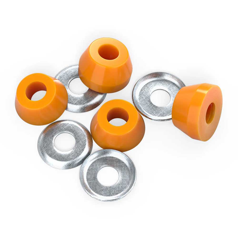 Four Indy Standard Conical Medium 90A Orange skateboard bushings, crafted from high rebound urethane for responsive trucks, and four silver washers are arranged on a white background. The bushings have a central hole and smooth surface.