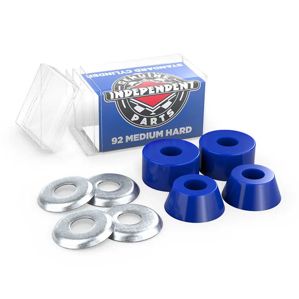 The Indy Standard Cylinder Cushions Medium Hard 92A Blue set includes four blue high rebound urethane bushings and four silver washers, shown beside a clear box labeled Independent Parts 92 Medium Hard.