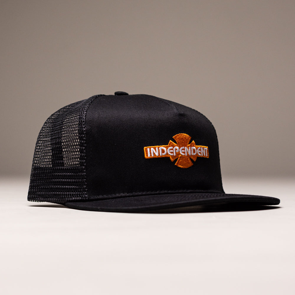 The OGBC Legacy Black Orange Hat by Independent Skateboards is an unstructured, mesh snapback with a flat brim and orange-white logo patch, shown against a neutral background. One size fits all; perfect for any skater.